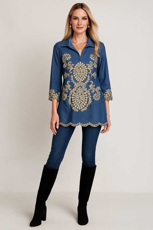Denim Embroidered Tunic Top – Thread Detailing