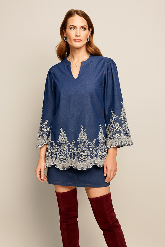 Denim Embroidered Lace Hem Top – White Floral Detailing