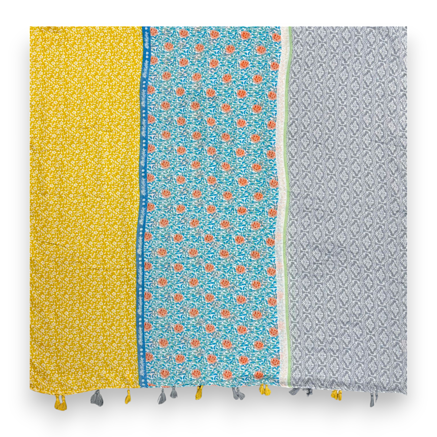 Vibrant Multicolor Floral Patchwork Tassels Scarf: Blue