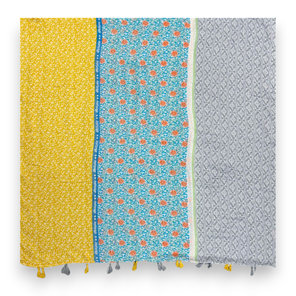 Vibrant Multicolor Floral Patchwork Tassels Scarf: Blue