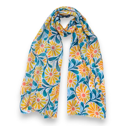 Daisy with Leaves Print Colourful Scarf: Orange
