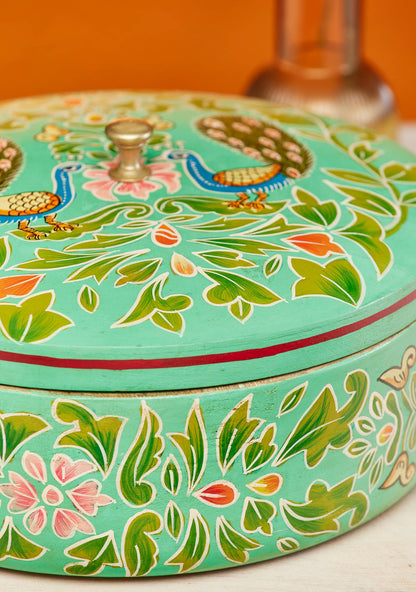 Hand Painted Indian Peacock Round Box