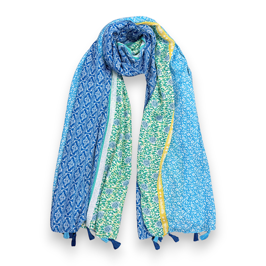 Vibrant Multicolor Floral Patchwork Tassels Scarf: Blue