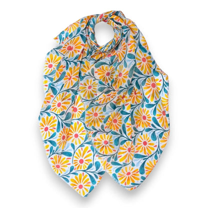 Daisy with Leaves Print Colourful Scarf: Orange