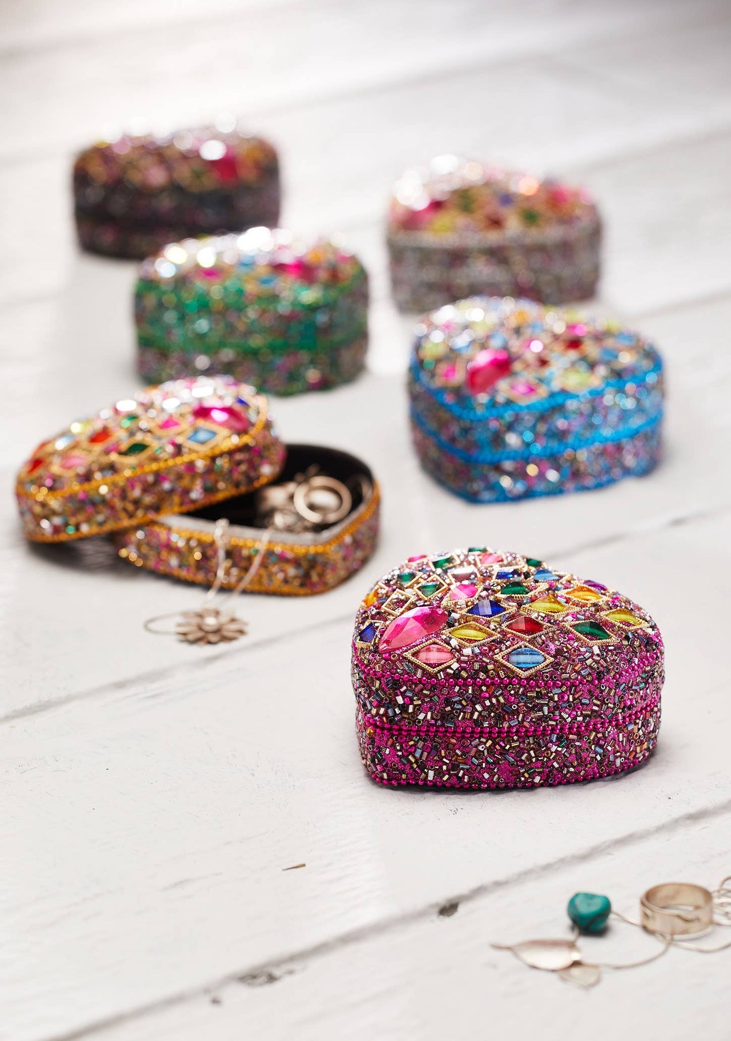 Heart Bead & Sequin Velvet Lined Trinket Box