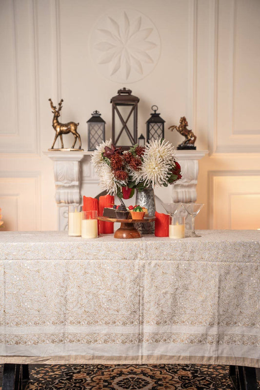 Gold Floral Hand-blocked Ivory Table Cover