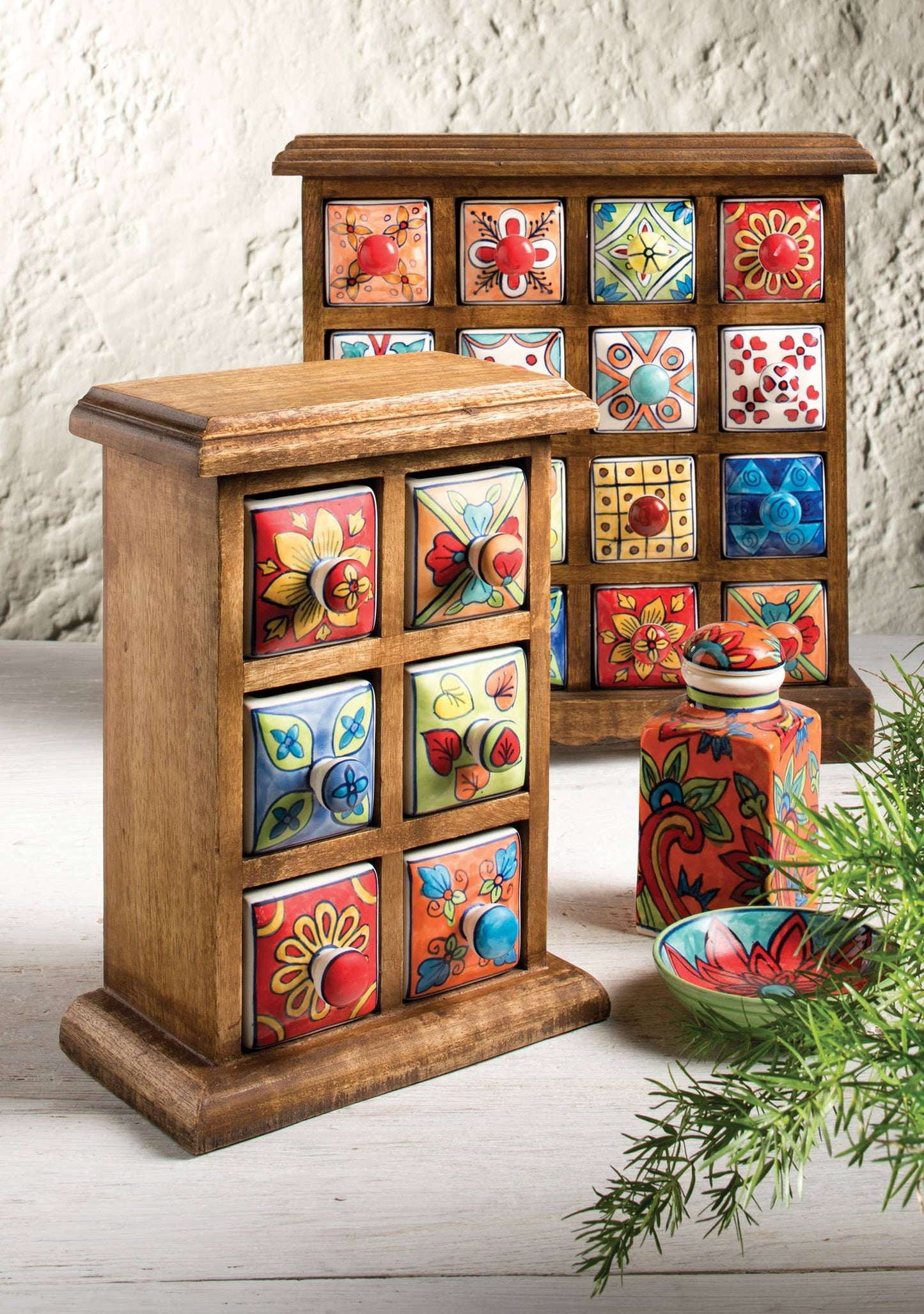 6 Drawer Ceramic Storage Chest, Mango Wood