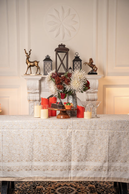 Gold Floral Hand-blocked Ivory Table Cover