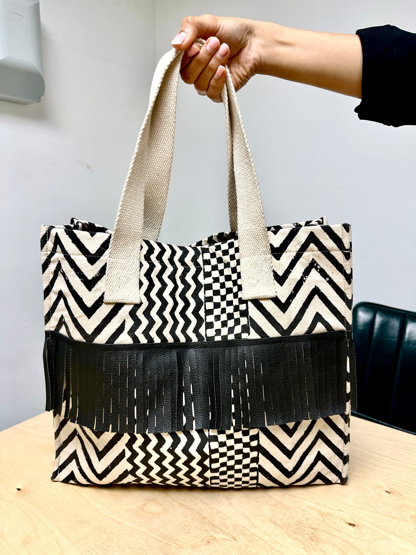 Large Black Tote Bag with Leather Fringe