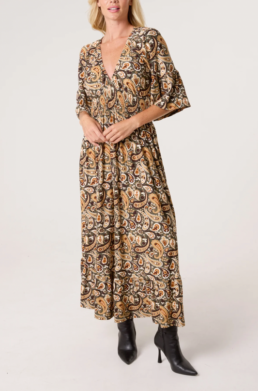 Boho Paisley Print V-Neck Stretch Dress