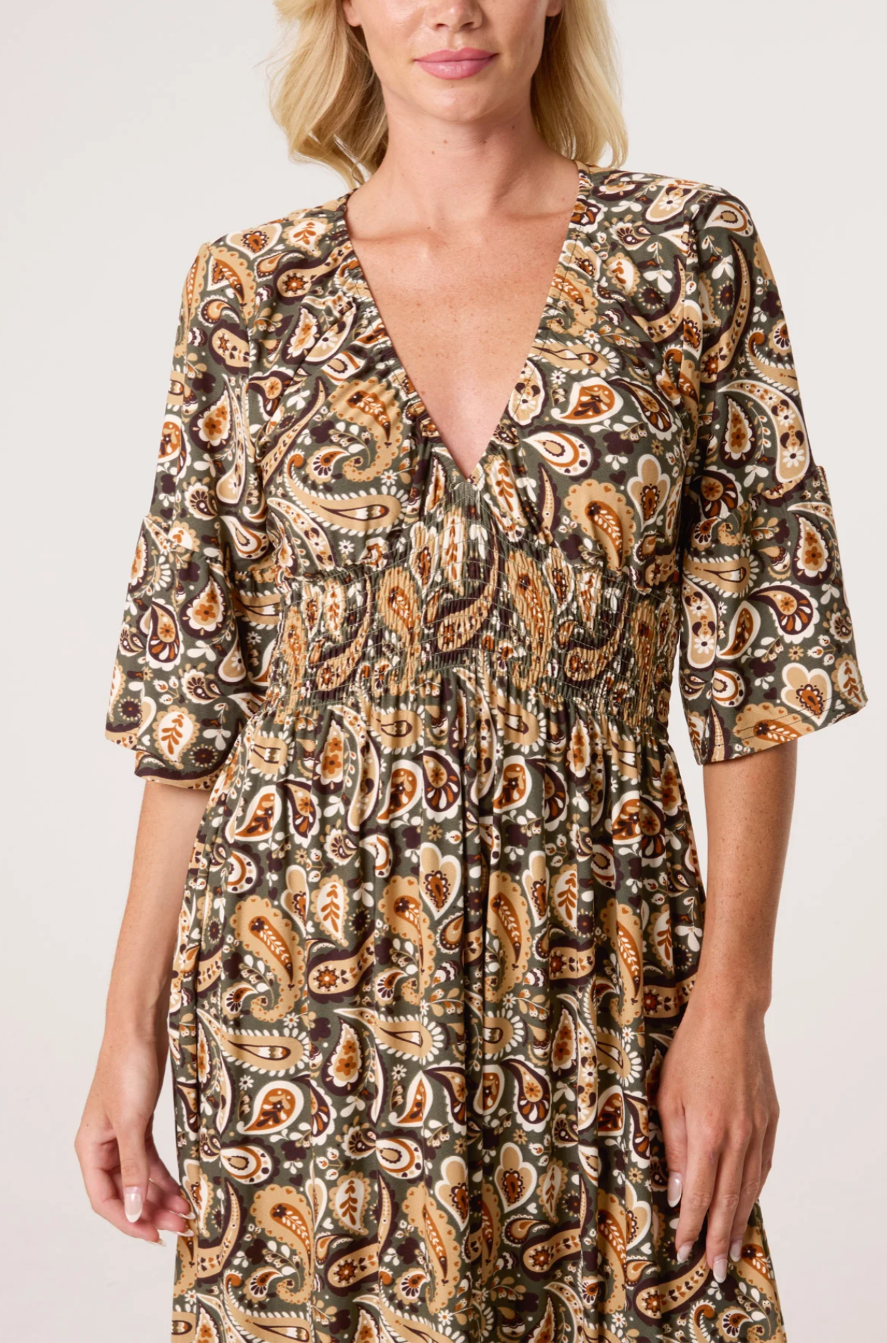 Boho Paisley Print V-Neck Stretch Dress