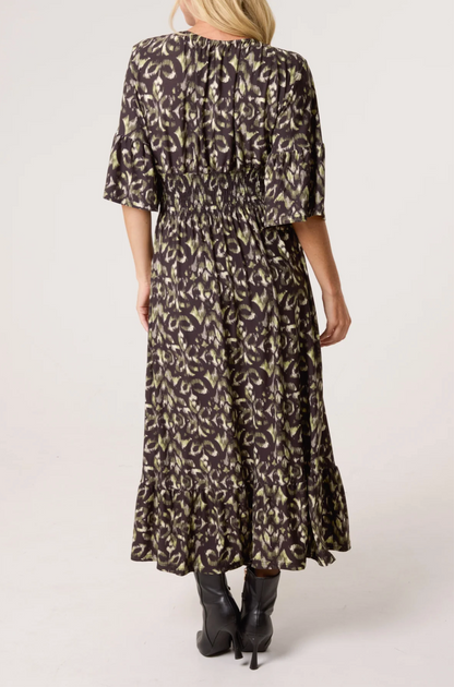 Abstract Animal Print Shirred Stretch Dress
