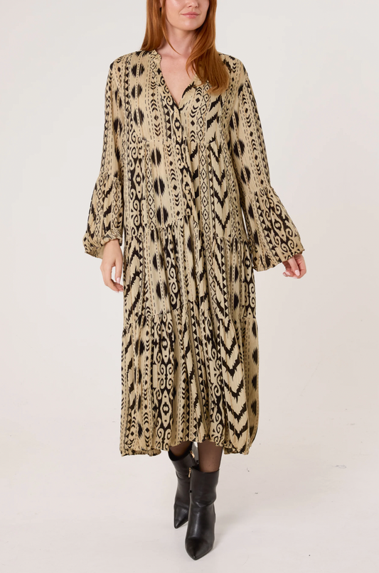 Metallic Aztec Tiered Tunic Dress