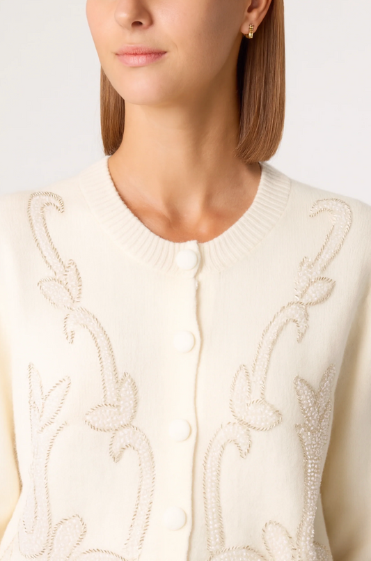 Beaded Vine Round Neck Knit Cardigan