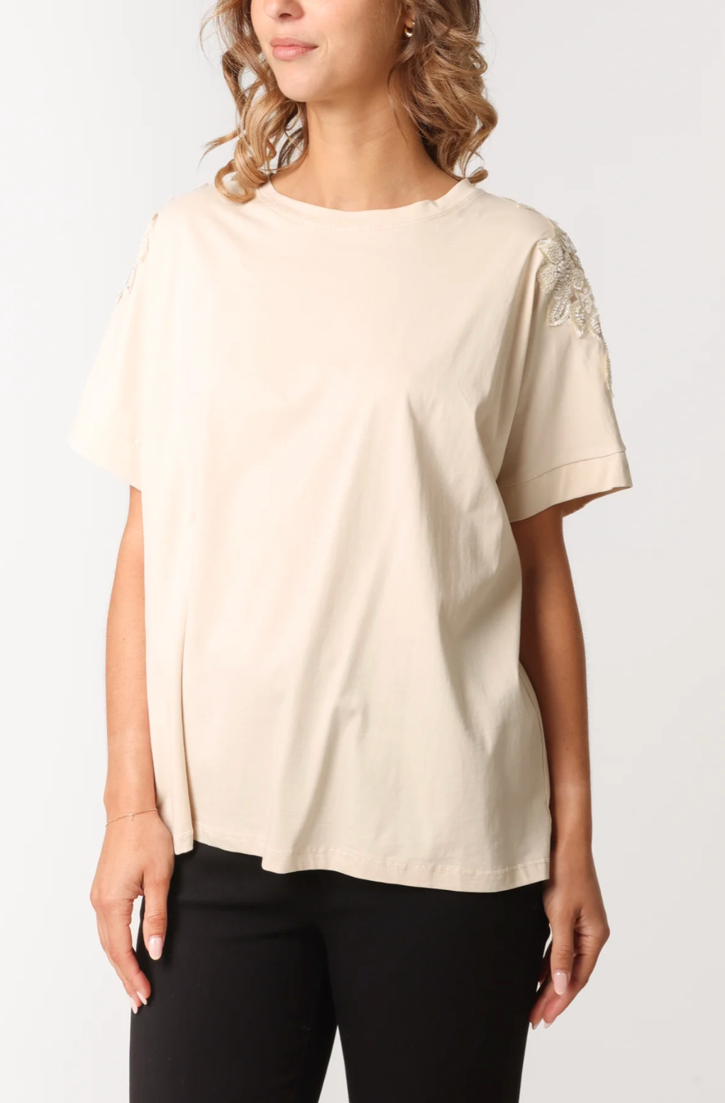 Floral Cut-Out Sequins Embellished Sleeve T-Shirt