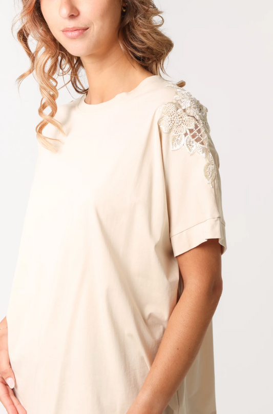 Floral Cut-Out Sequins Embellished Sleeve T-Shirt