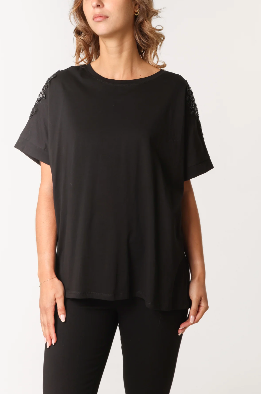 Floral Cut-Out Sequins Embellished Sleeve T-Shirt