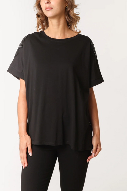 Floral Cut-Out Sequins Embellished Sleeve T-Shirt