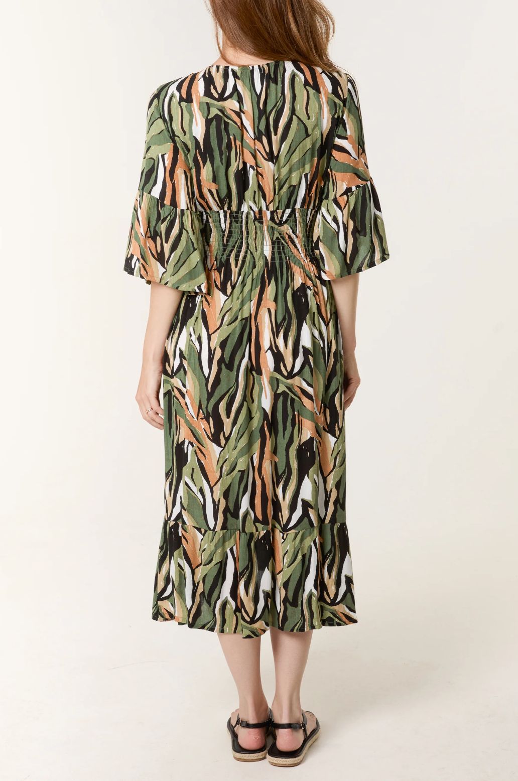 Abstract V-Neck Shirred Bust Dress