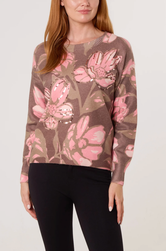 Blush Bloom Sequin Crew Neck Jumper