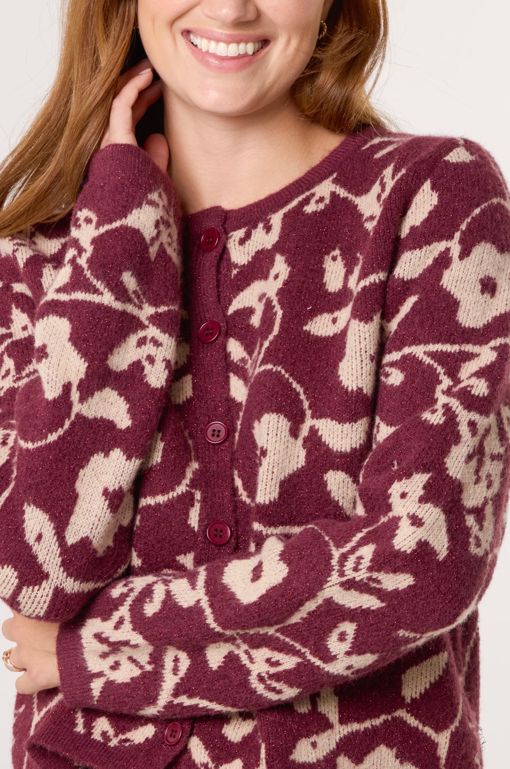 Sparkly Floral Pattern Knit Cardigan