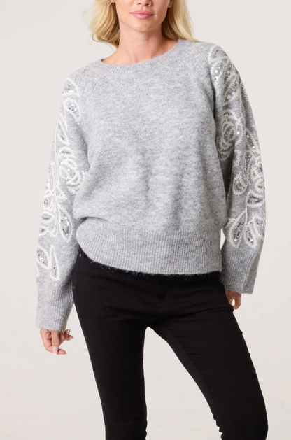 Embroidery & Sequin Sleeve Knit Jumper