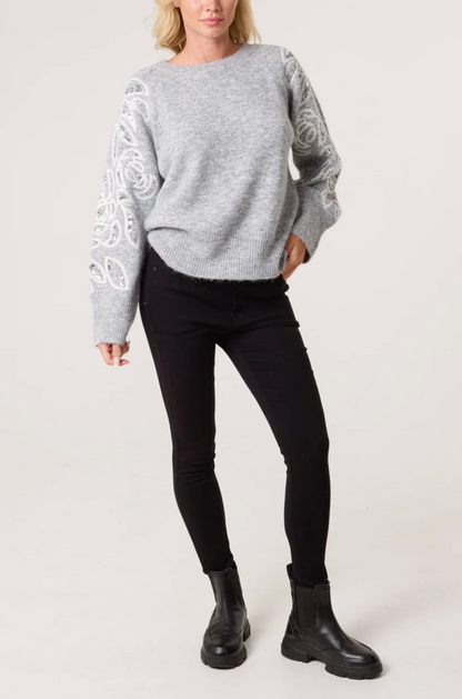 Embroidery & Sequin Sleeve Knit Jumper