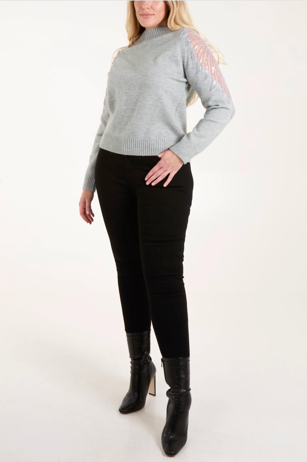 Diamanté Leaf Mesh Beige Knit Jumper