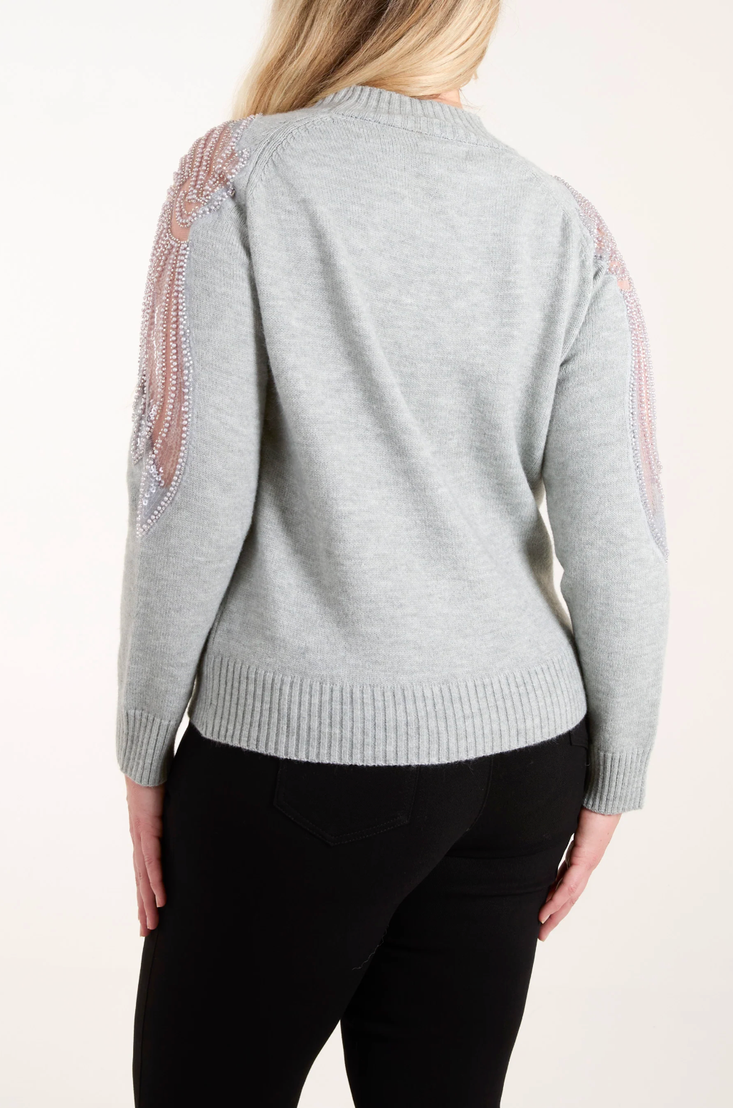 Diamanté Leaf Mesh Grey Knit Jumper