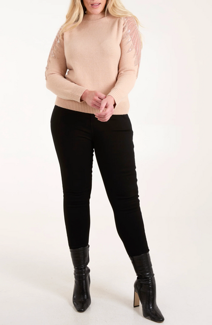 Diamanté Leaf Mesh Grey Knit Jumper