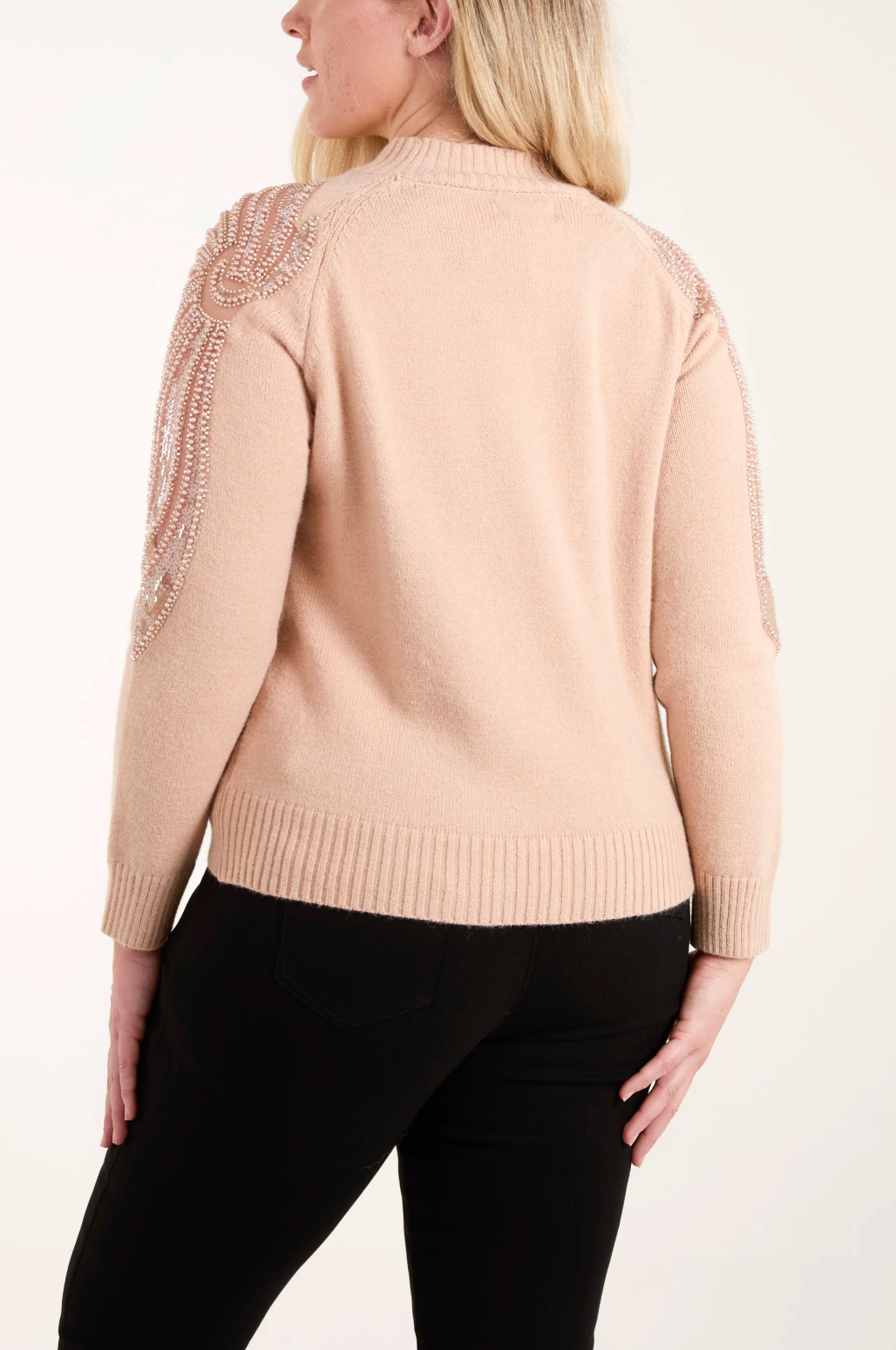Diamanté Leaf Mesh Beige Knit Jumper