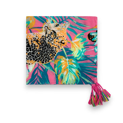 Panther Print Tassel Square Scarf: Pink