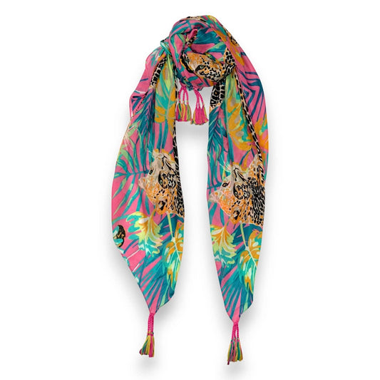 Panther Print Tassel Square Scarf: Pink