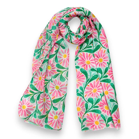 Daisy with Leaves Print Colourful Scarf: Pink