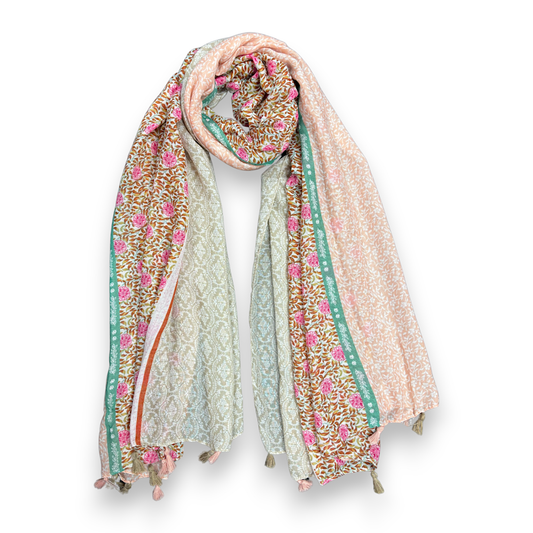 Vibrant Multicolor Floral Patchwork Tassels Scarf: Beige
