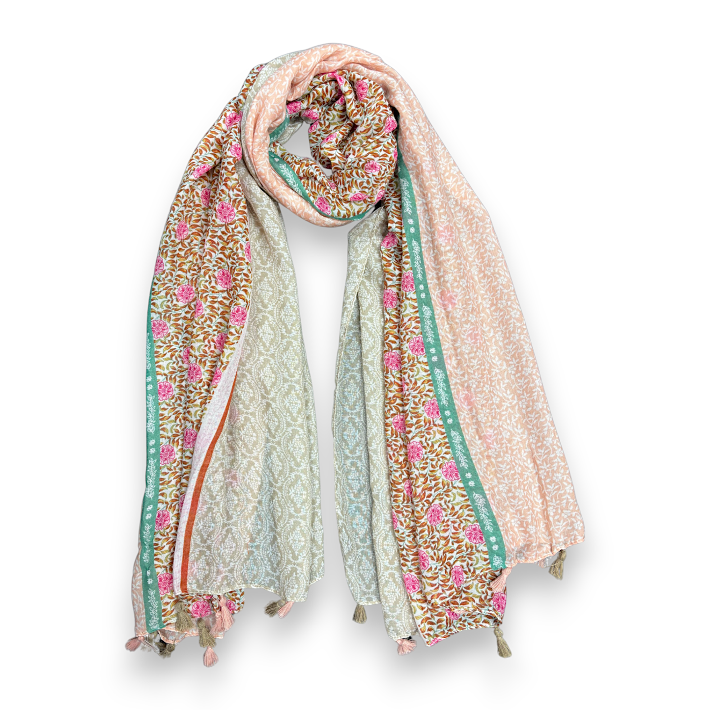 Vibrant Multicolor Floral Patchwork Tassels Scarf: Blue