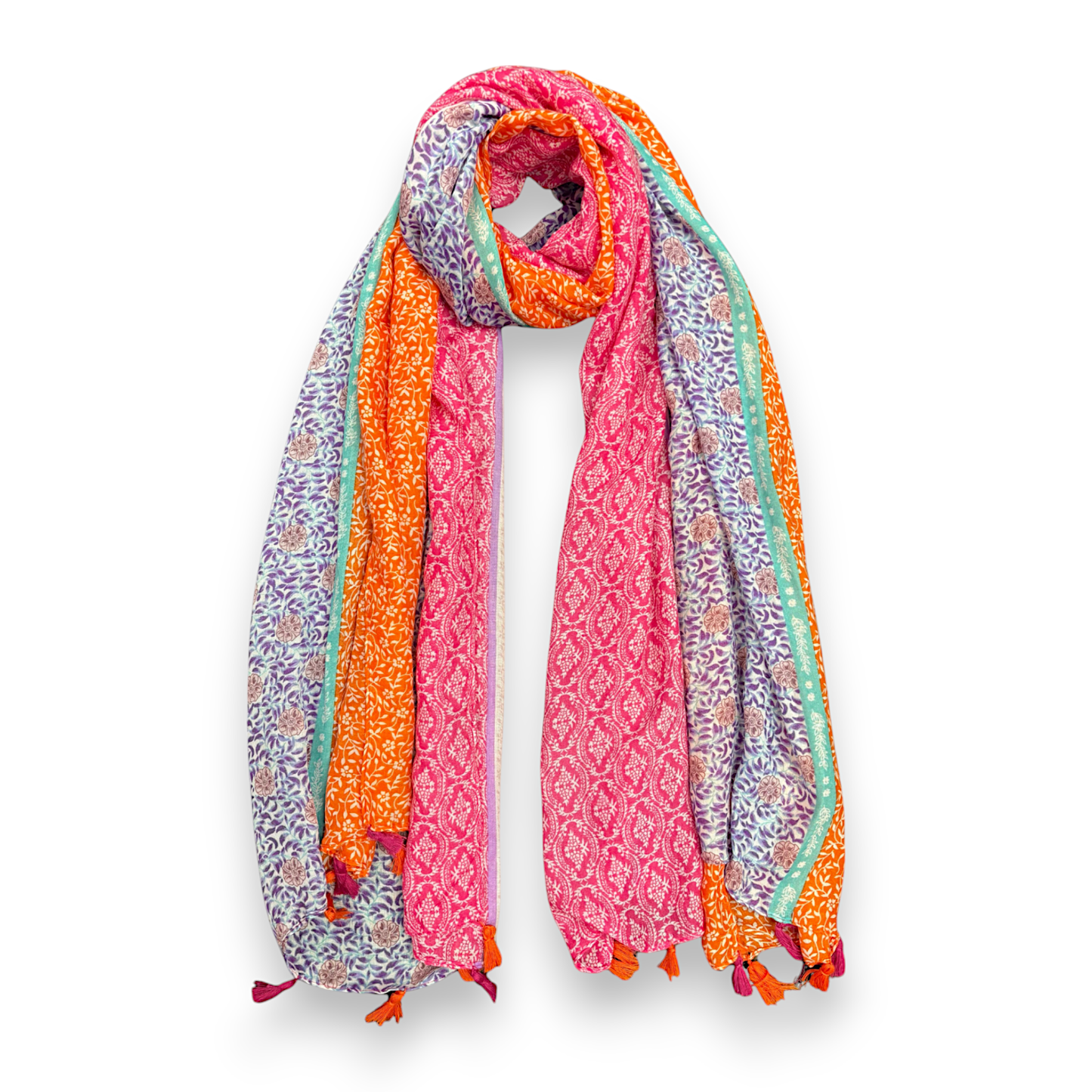 Vibrant Multicolor Floral Patchwork Tassels Scarf: Blue