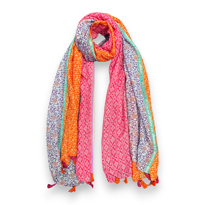 Vibrant Multicolor Floral Patchwork Tassels Scarf: Blue