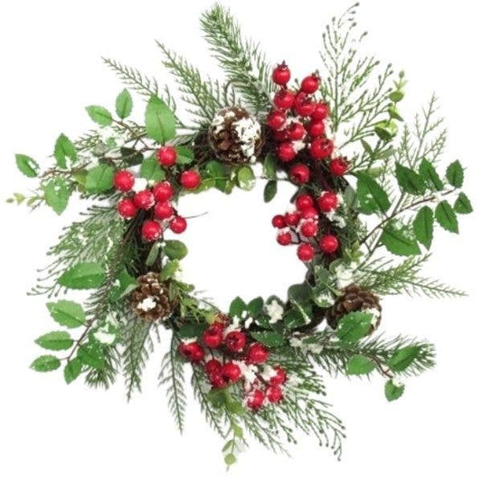 15" Vine Wreath W/ Snow, Berries, Pinecone, Holly Euc & More