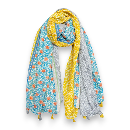 Vibrant Multicolor Floral Patchwork Tassels Scarf: Beige