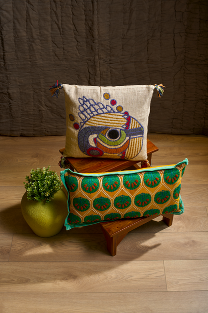 Mustard Embroidered & Tufted Cushion