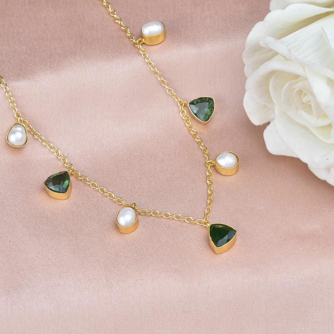 Emerald Pearl Necklace | Gold-Plated Necklace with Pearls & Green Triangle Stones | Elegant Statement Jewellery