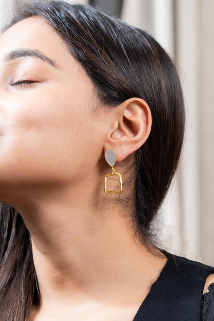 Joyous Drops | White stone tear-drop with gold-plated square earrings