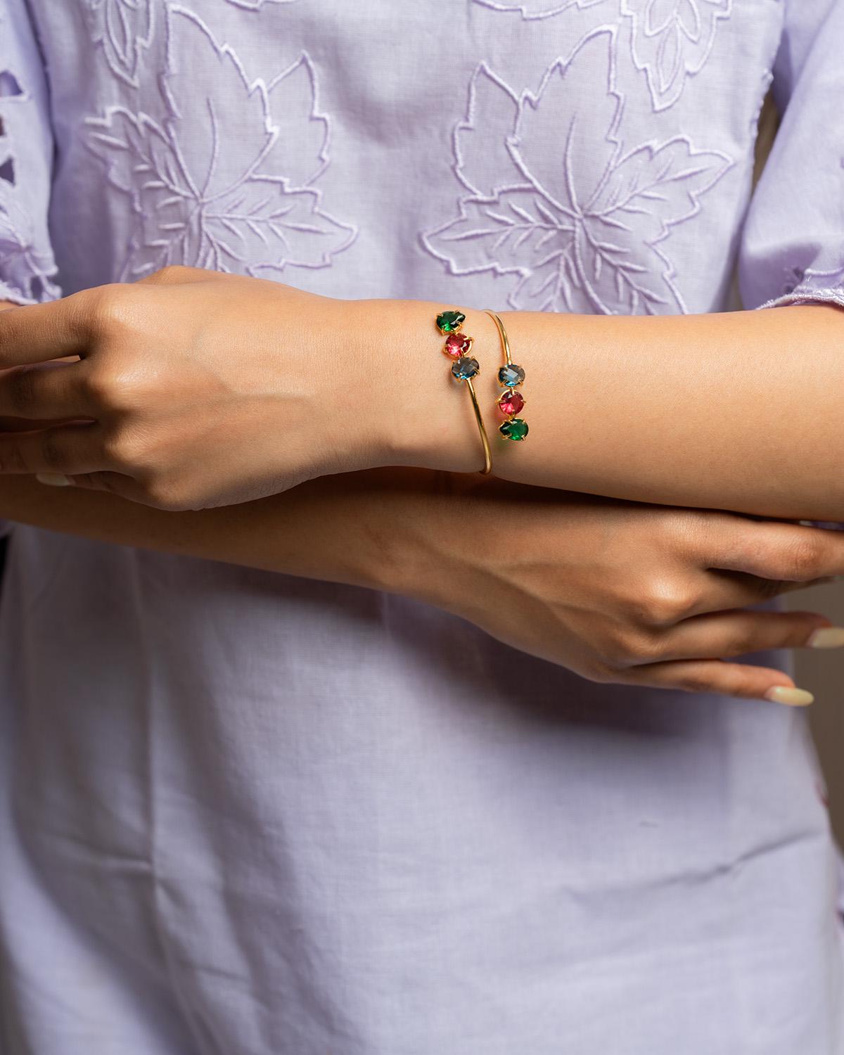 Regal Harmony Bracelet | Gold-Plated Bracelet with Pink, Blue and Green Gemstones | Luxurious Statement Jewellery