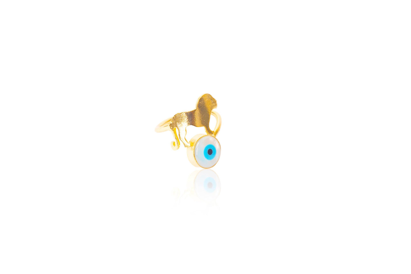 Guardian Lion Evil Eye Ring | Gold-Plated Circular Ring with Protective Charm | Unique Statement Jewellery