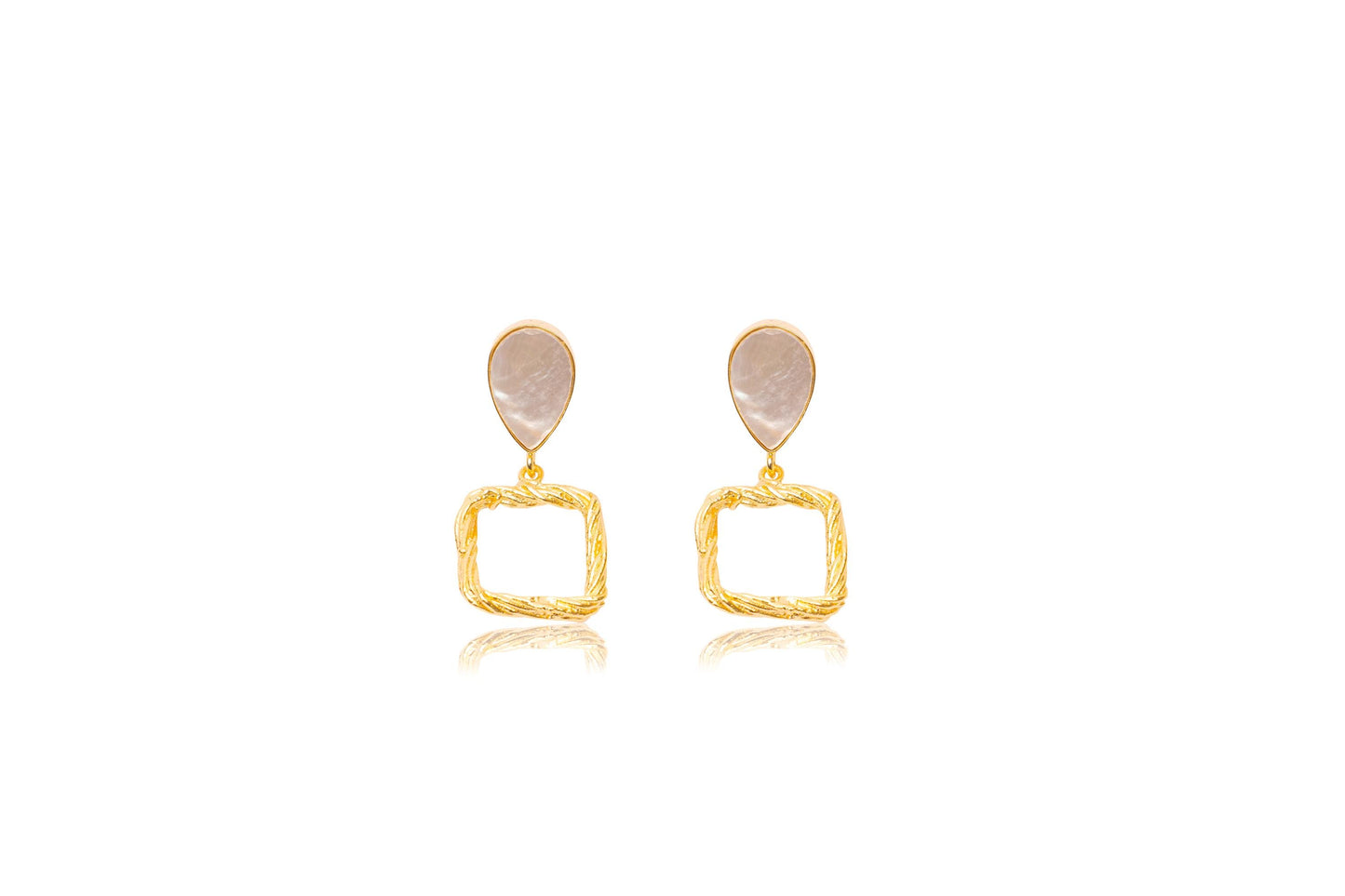 Joyous Drops | White stone tear-drop with gold-plated square earrings