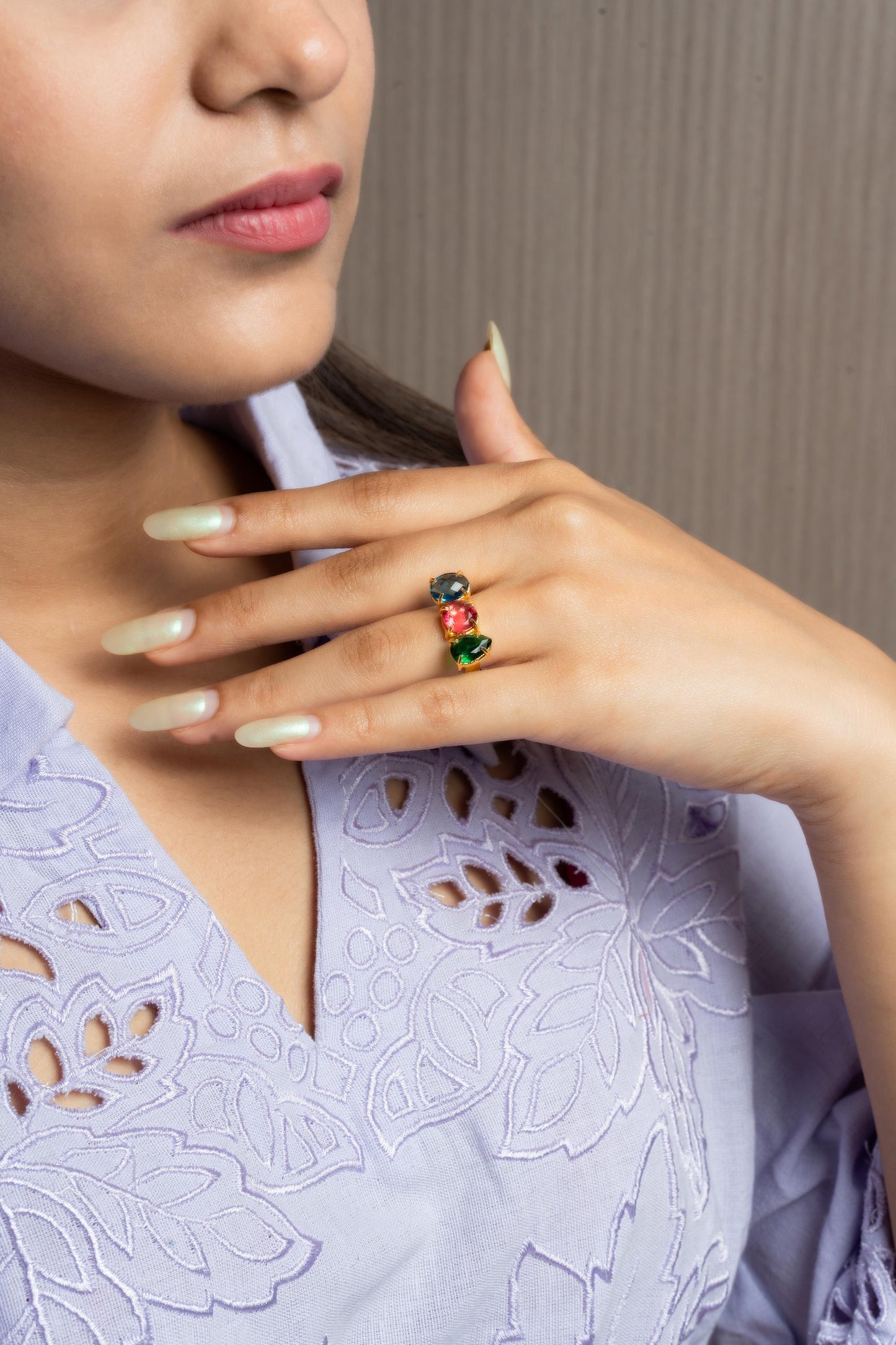 Regal Harmony Ring | Gold-Plated Ring with Pink, Blue and Green Gemstones | Luxurious Statement Jewellery